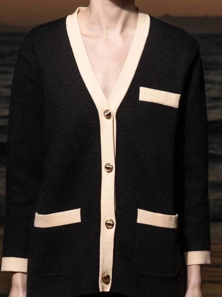 Black & Cream Contrast Trim V-Neck Button Cardigan
